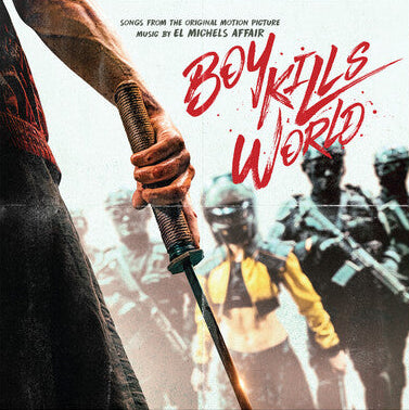 Vinyl record with 'Boy Kills World' cover featuring a hand holding a weapon and a group of people in the background.