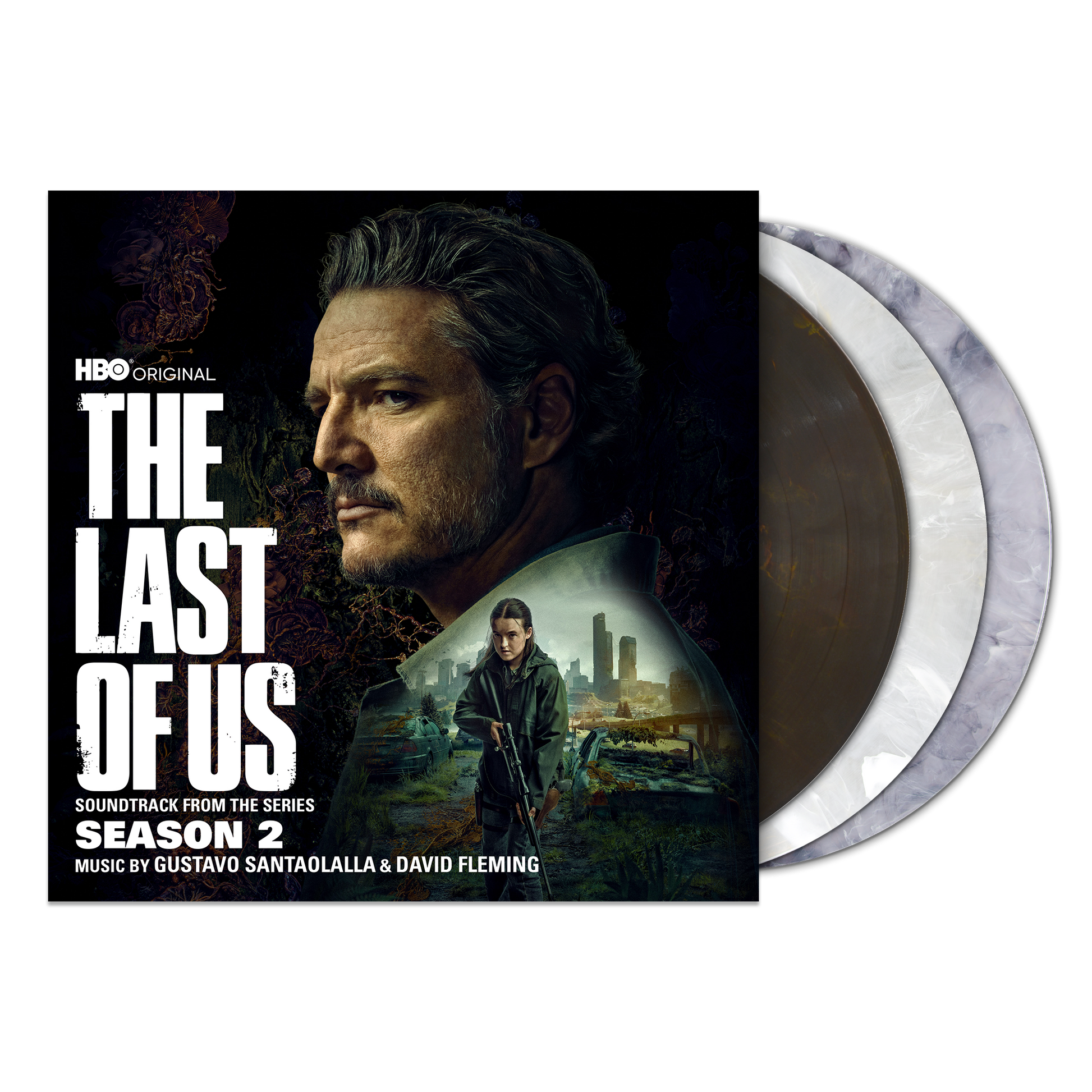 Vinyl record cover for 'The Last of Us' soundtrack with a man's face and cityscape.