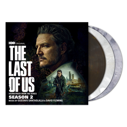 Vinyl record cover for 'The Last of Us' soundtrack with a man's face and cityscape.
