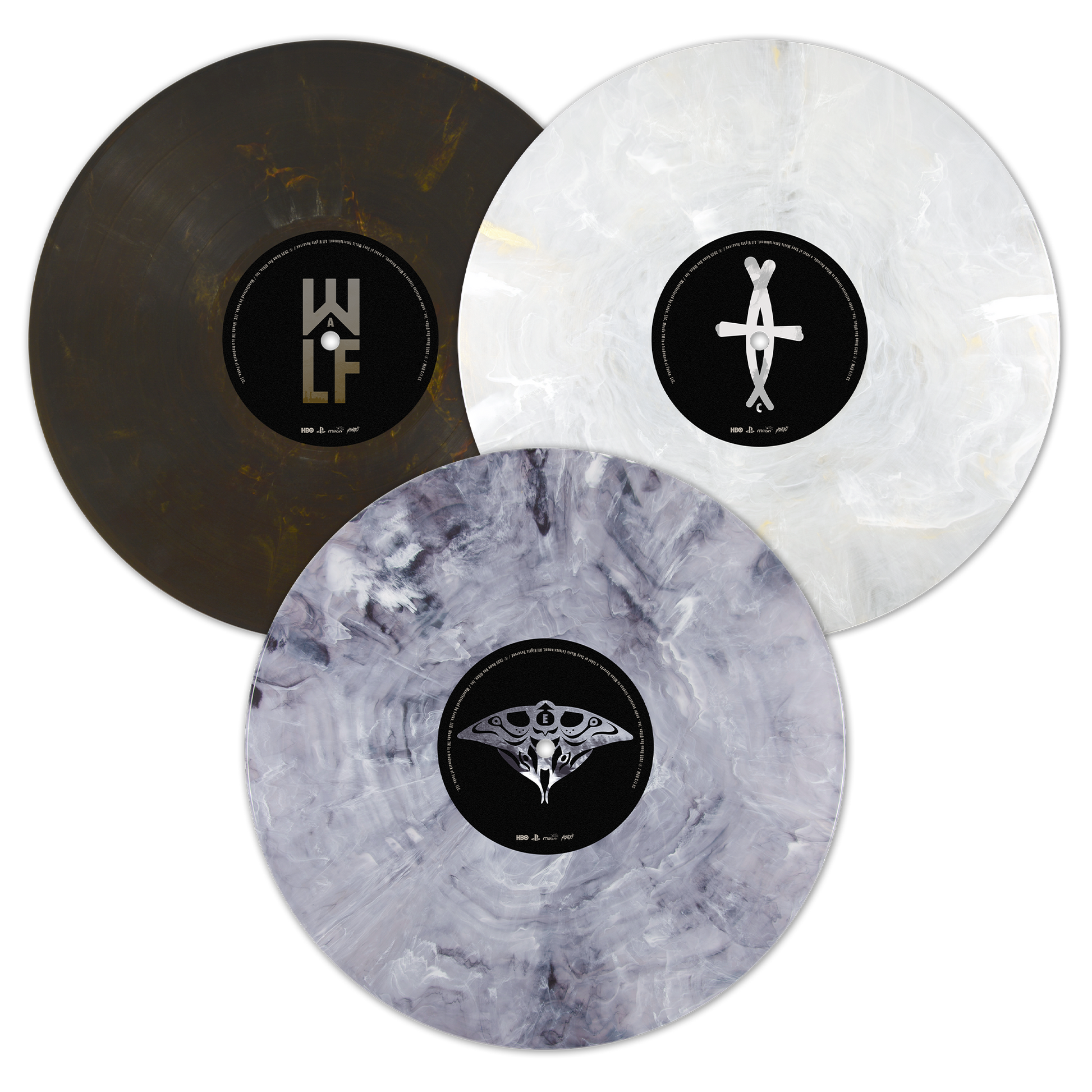 Three vinyl records with marble and black designs on a white background
