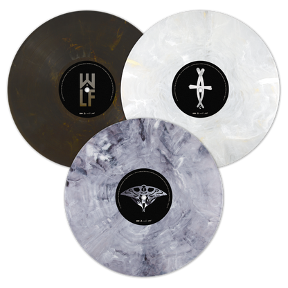 Three vinyl records with marble and black designs on a white background