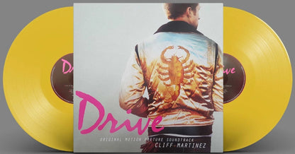 Yellow vinyl record with 'Drive' movie soundtrack cover featuring a person in a jacket.
