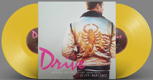 Yellow vinyl record with 'Drive' movie soundtrack cover featuring a person in a jacket.